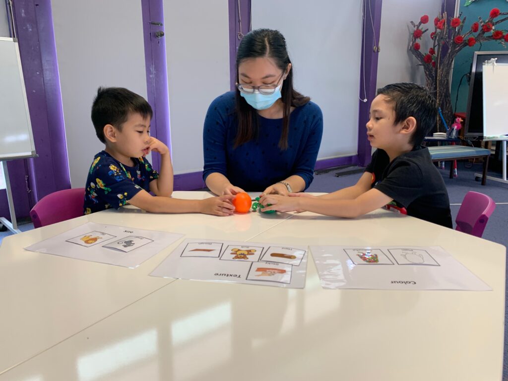 Two Kindy group participants involved in an activity with Jasleen, one of our early intervention speech pathologists.