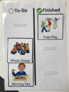 We use a two column chart to visualize a predictable routine. Activities "Whole Group" and "Morning Tea" in the To-Do column and "Free Play" in the Finished column.